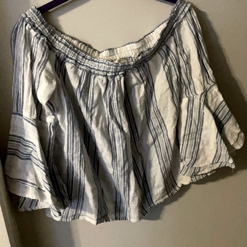 Beautiful blue and white off shoulder linen top